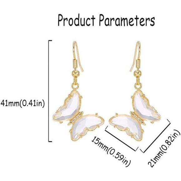 CZ Butterfly Glass Drop Dangle Earrings 925 Sterling Silver Post CZ Gold Plated - Picture 4 of 4